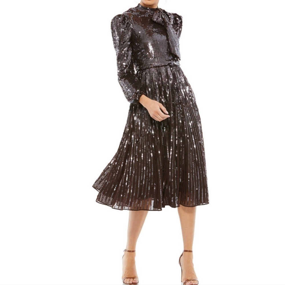 NWOT Mac Duggal‎ Dark Brown Chocolate Long Sleeve Midi Dress